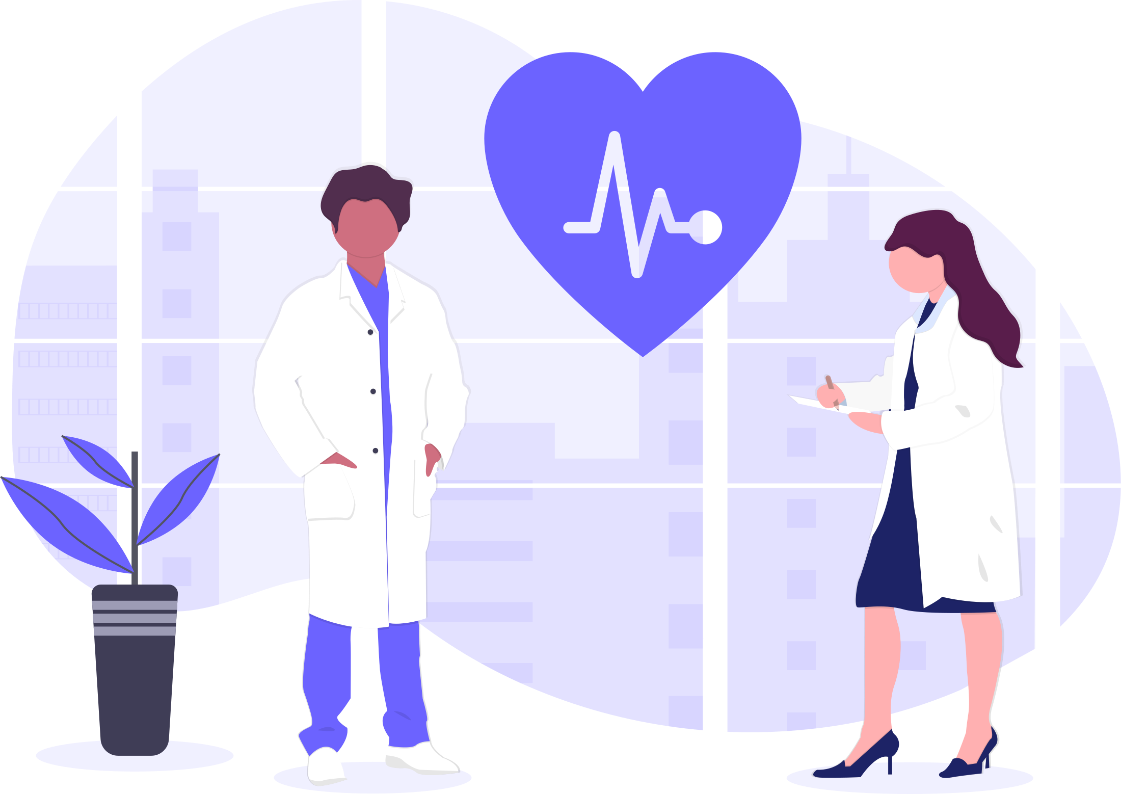 Illustration of two healthcare professionals with a heart symbol